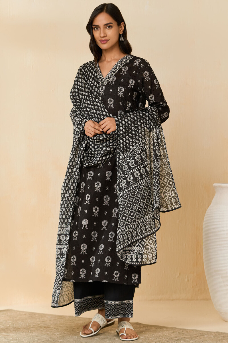 Black Hand Printed Kota Dupatta