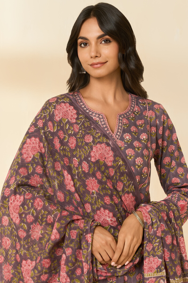 Mauve Hand Block Printed Kota Dupatta