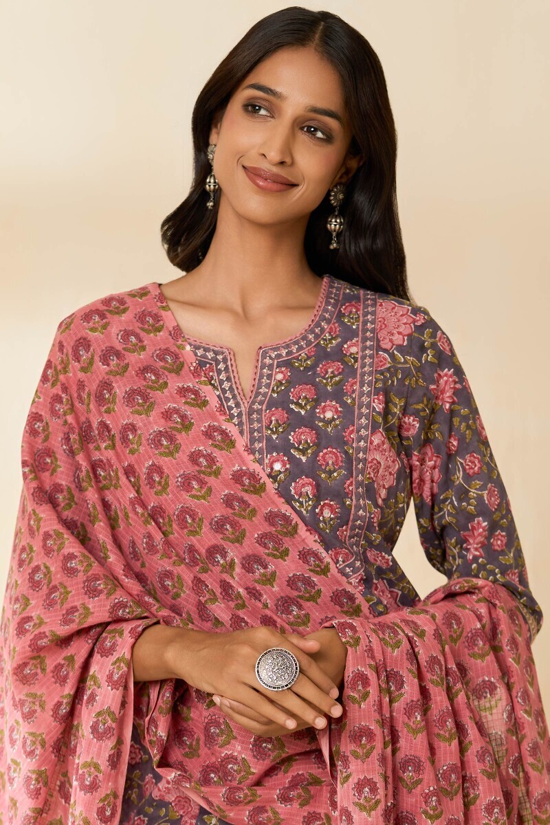 Pink Hand Block Printed Kota Dupatta