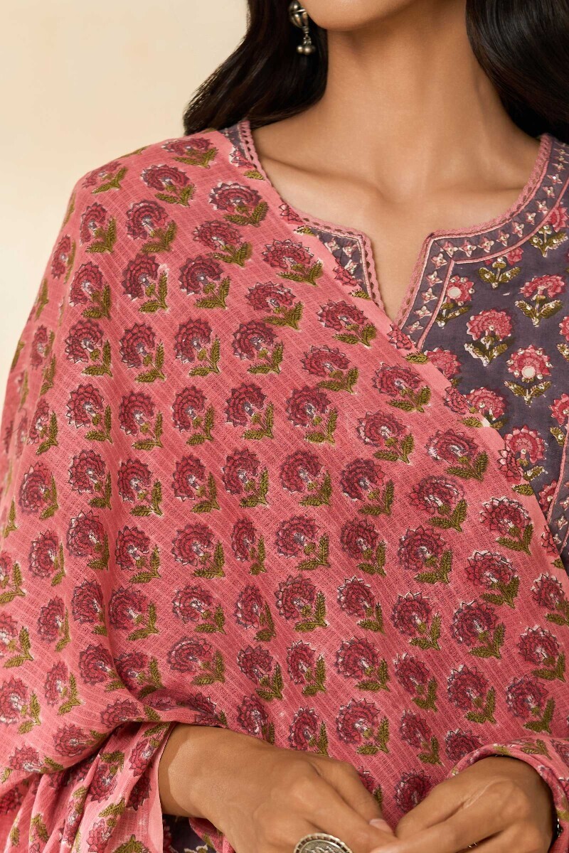 Pink Hand Block Printed Kota Dupatta