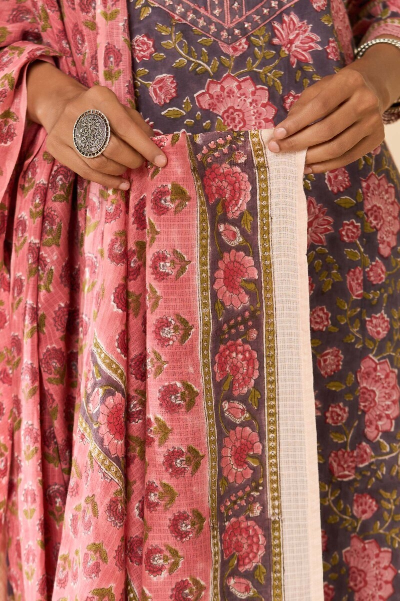 Pink Hand Block Printed Kota Dupatta