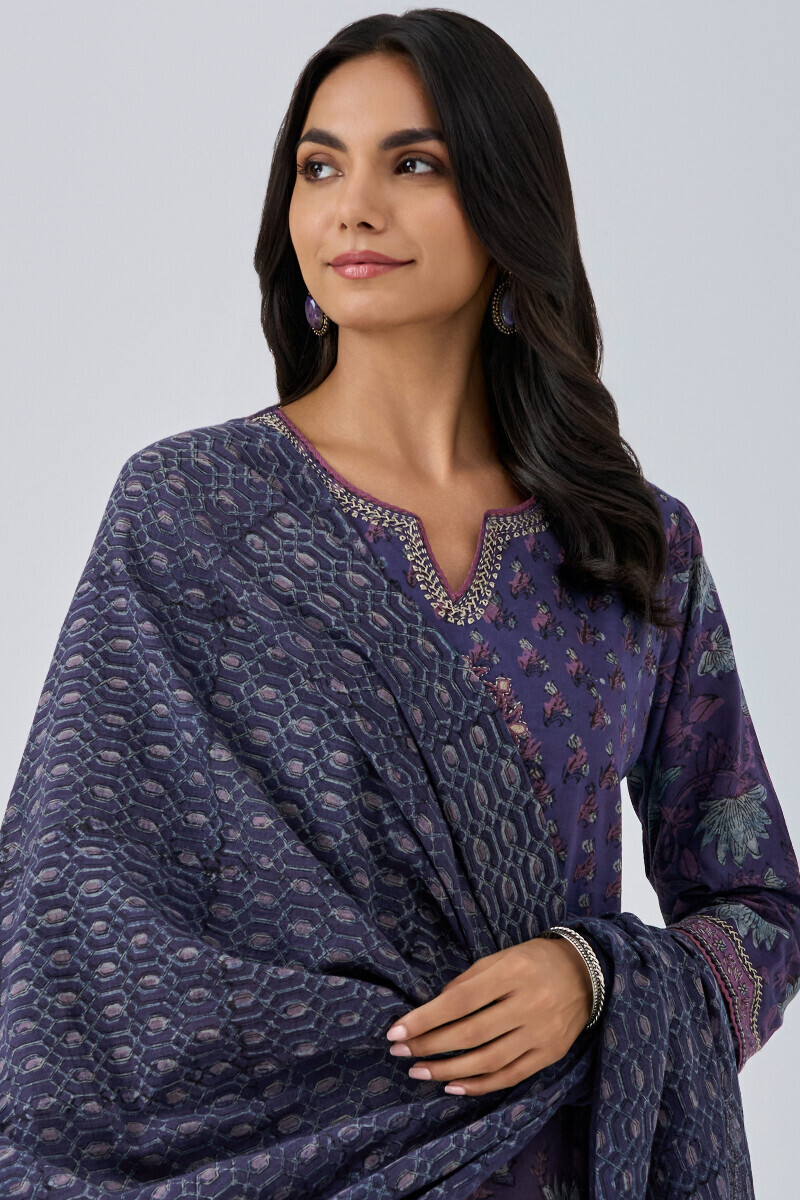 Purple Hand Block Printed Kota Dupatta