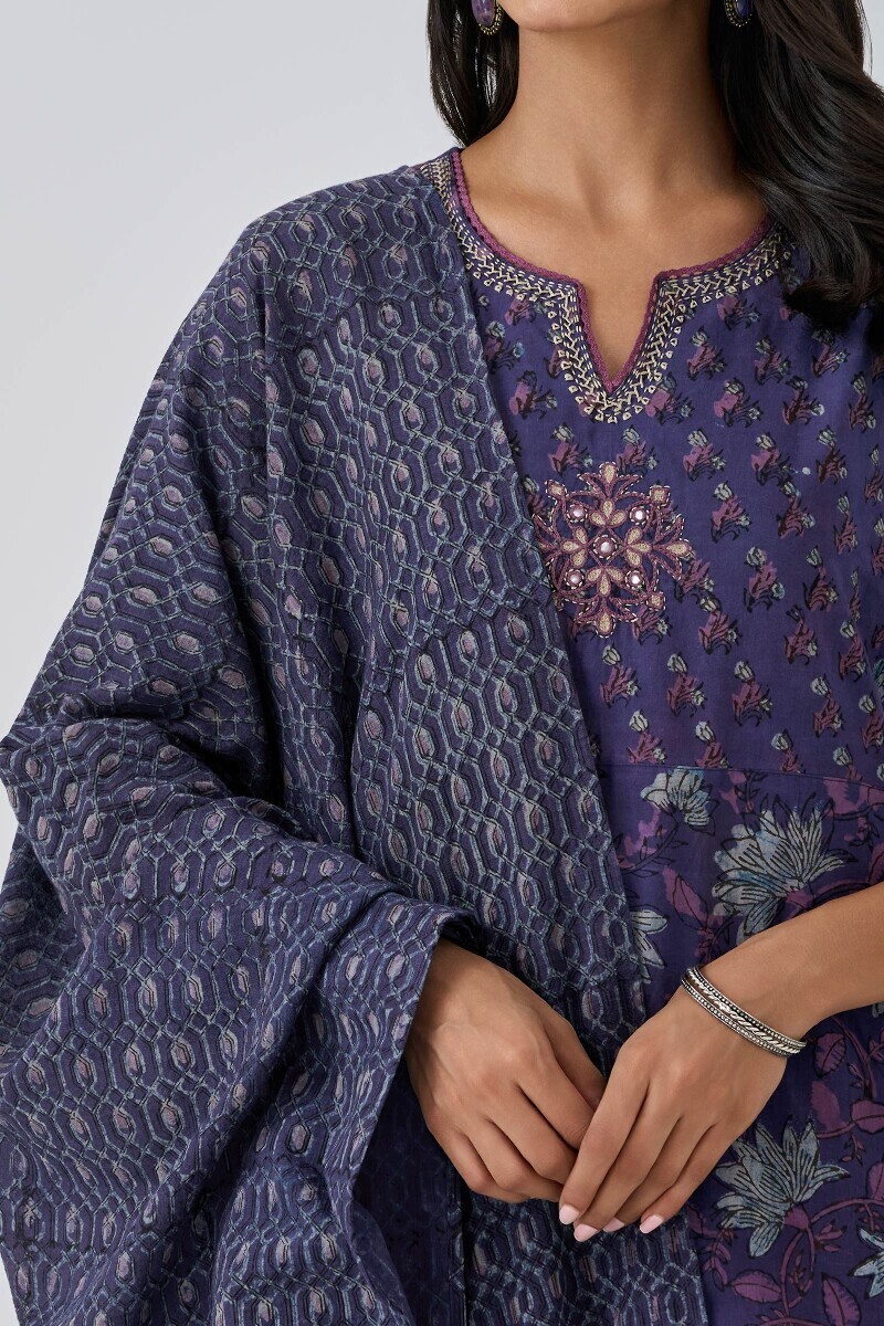 Purple Hand Block Printed Kota Dupatta