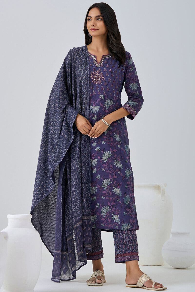 Purple Hand Block Printed Kota Dupatta