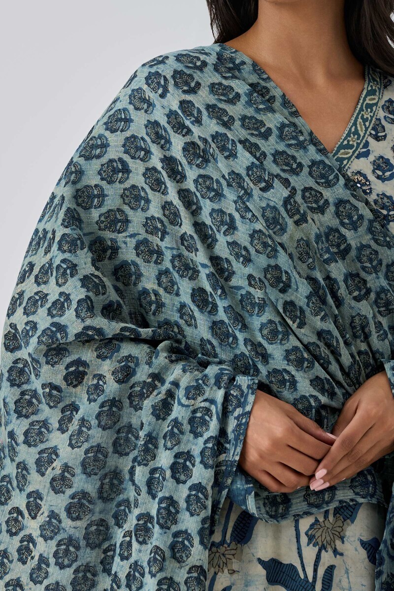 Indigo Hand Block Printed Kota Dupatta