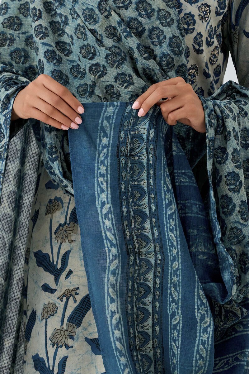 Indigo Hand Block Printed Kota Dupatta