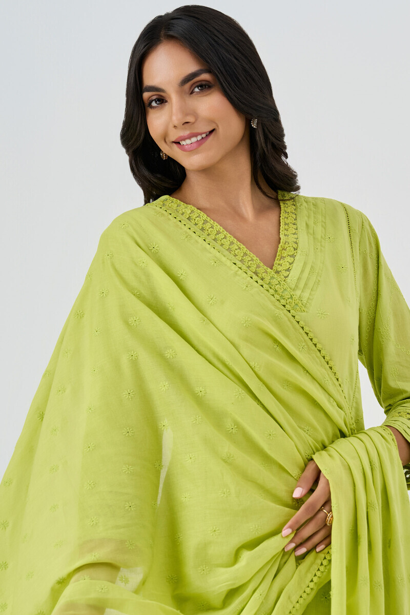 Green Handcrafted Schiffli Dupatta