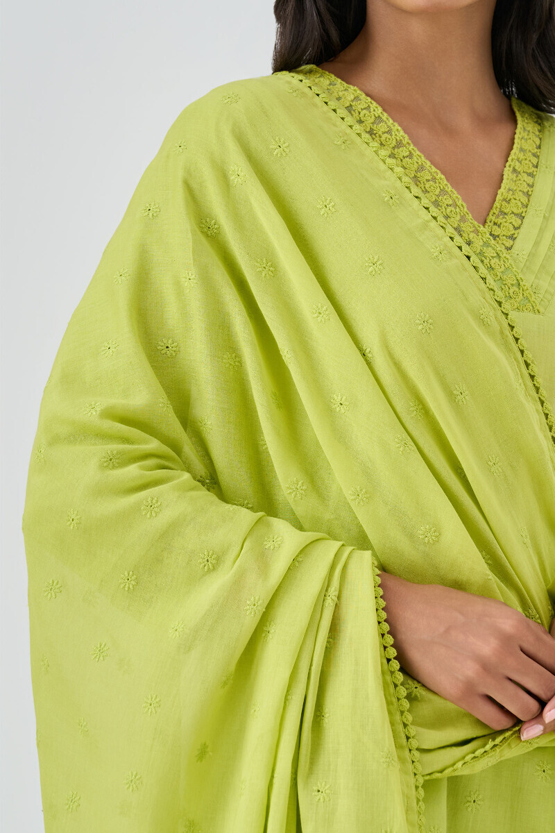 Green Handcrafted Schiffli Dupatta