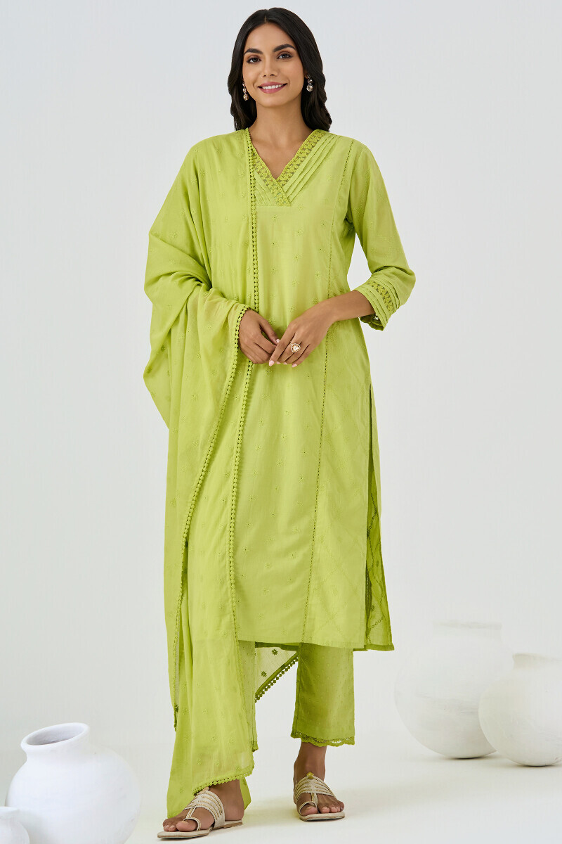 Green Handcrafted Schiffli Dupatta