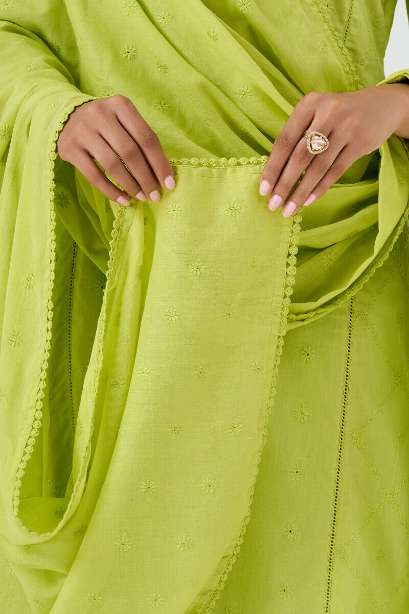 Green Handcrafted Schiffli Dupatta