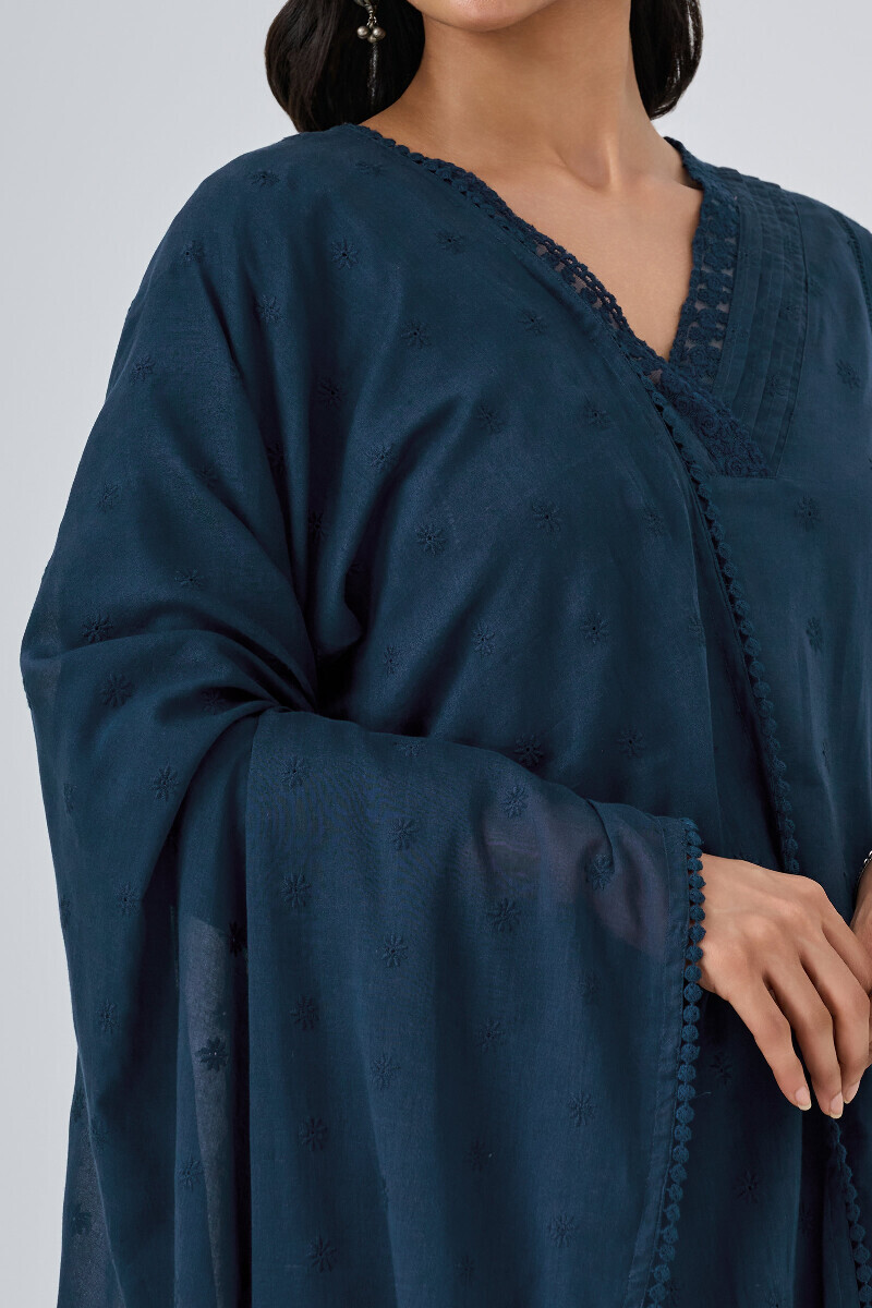 Navy Blue Handcrafted Schiffli Dupatta