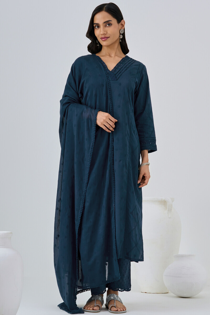 Navy Blue Handcrafted Schiffli Dupatta