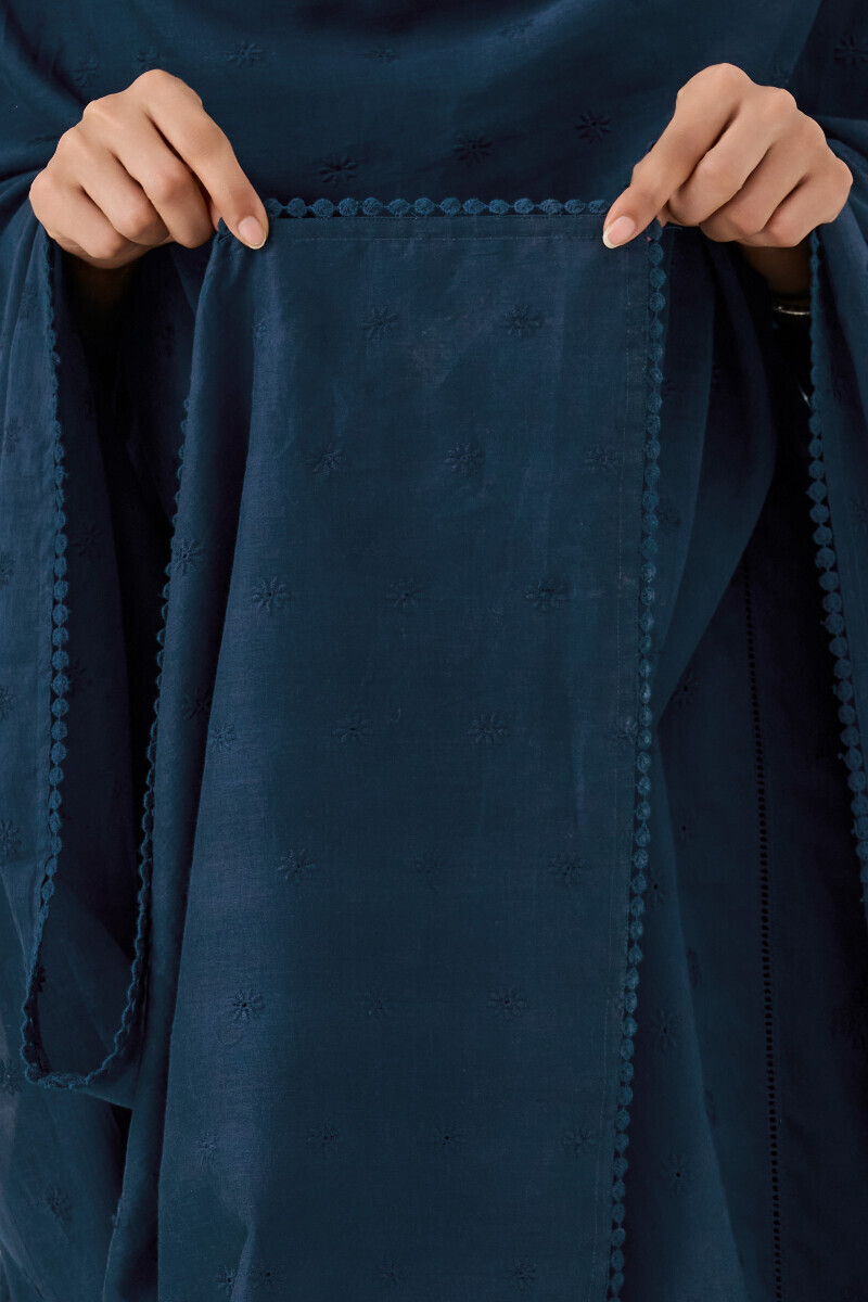 Navy Blue Handcrafted Schiffli Dupatta