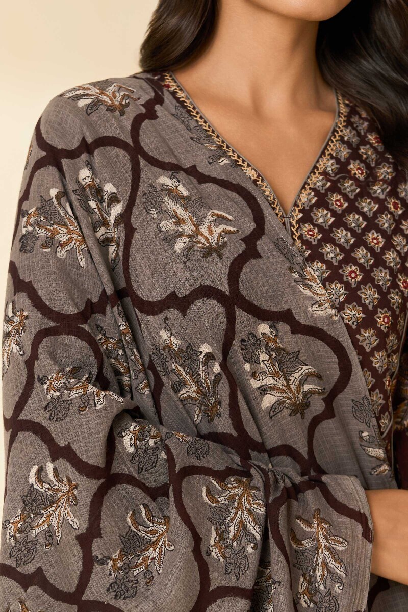 Grey Hand Block Printed Kota Dupatta
