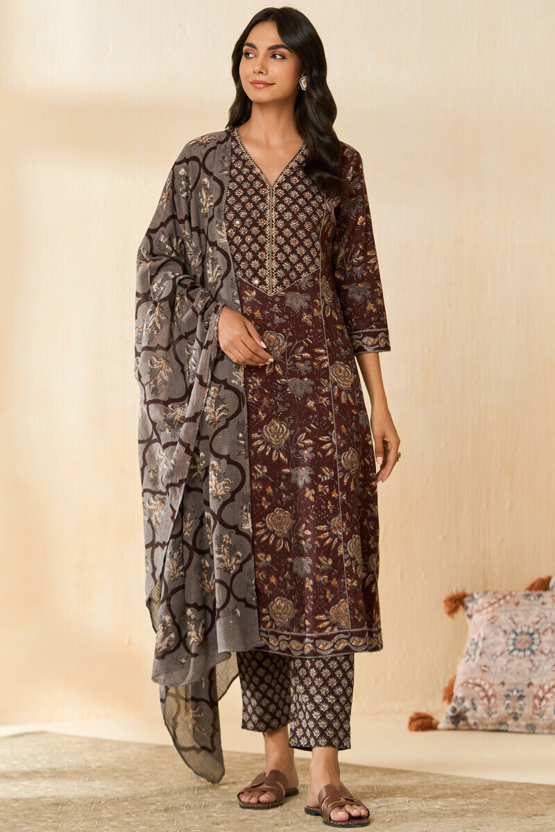 Grey Hand Block Printed Kota Dupatta