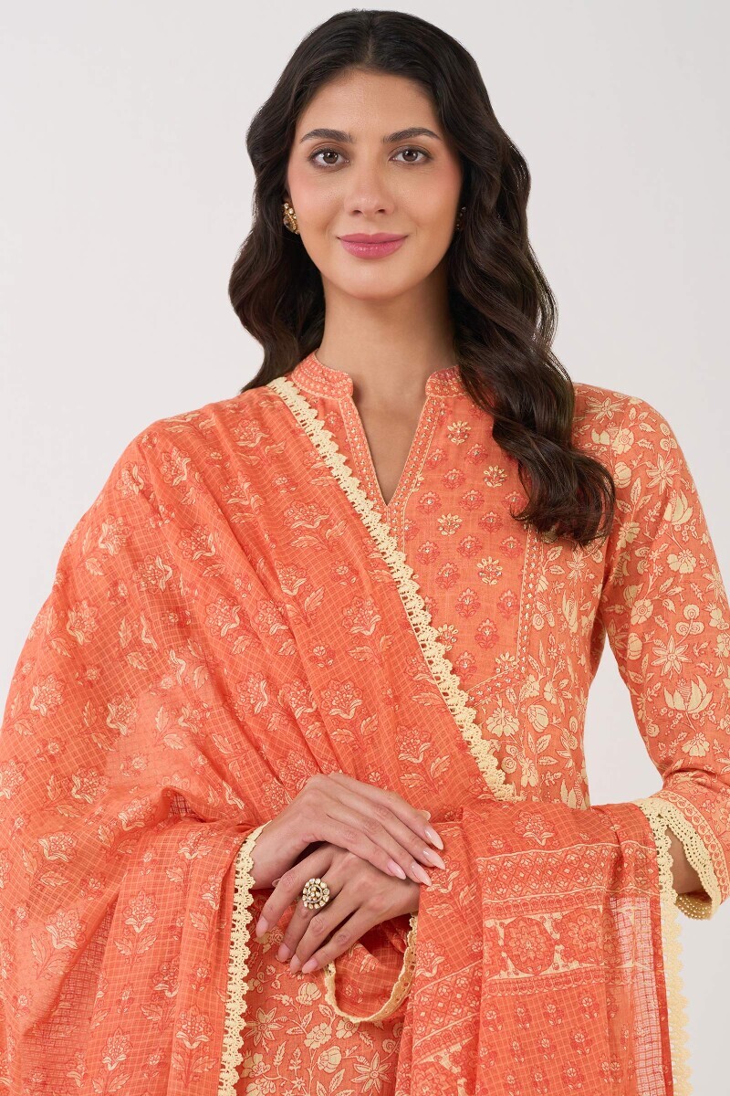 Orange Hand Printed Kota Dupatta