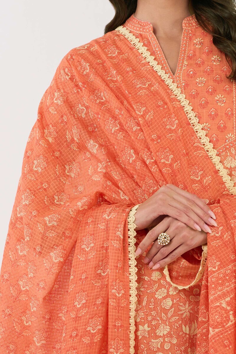 Orange Hand Printed Kota Dupatta
