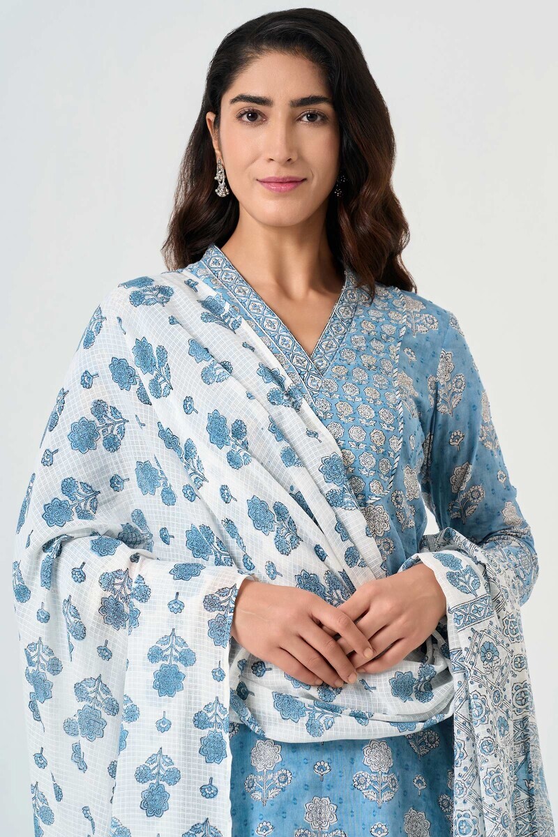 White Hand Block Printed Kota Dupatta
