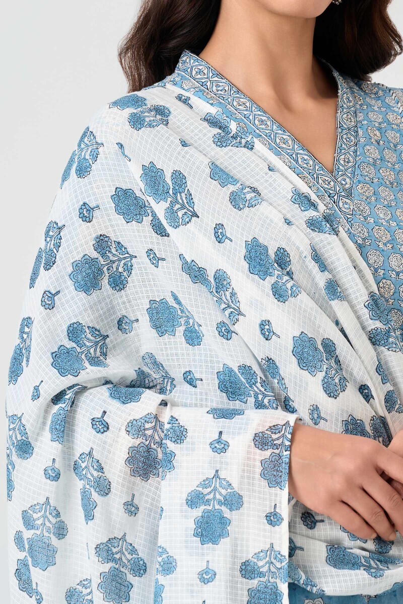White Hand Block Printed Kota Dupatta
