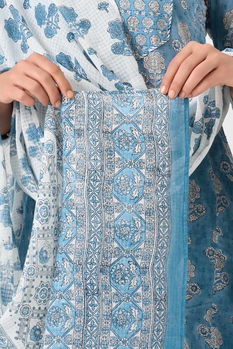 White Hand Block Printed Kota Dupatta