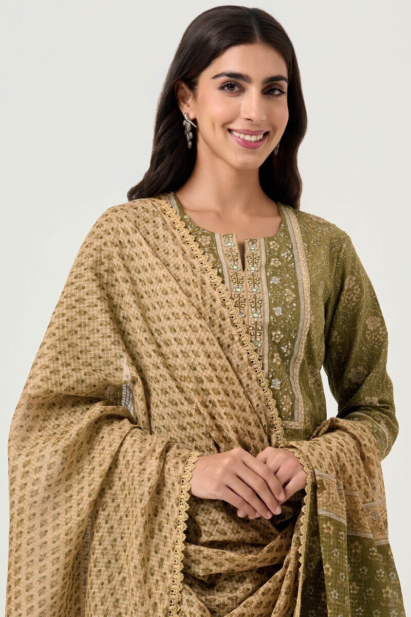 Green Hand Block Printed Kota Dupatta