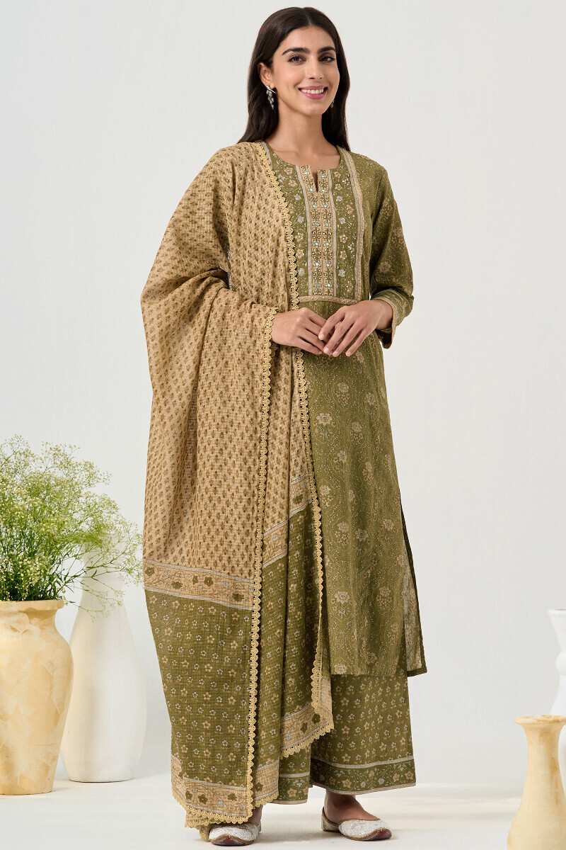 Green Hand Block Printed Kota Dupatta
