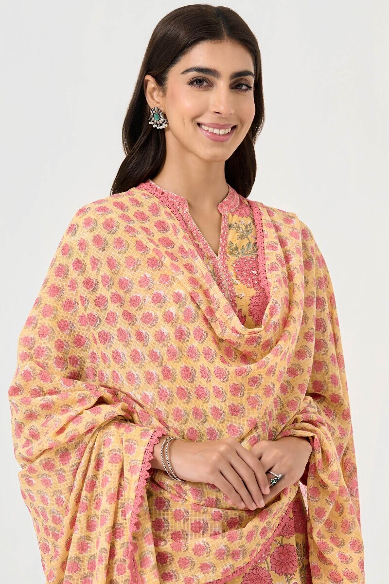 Yellow Hand Block Printed Kota Dupatta