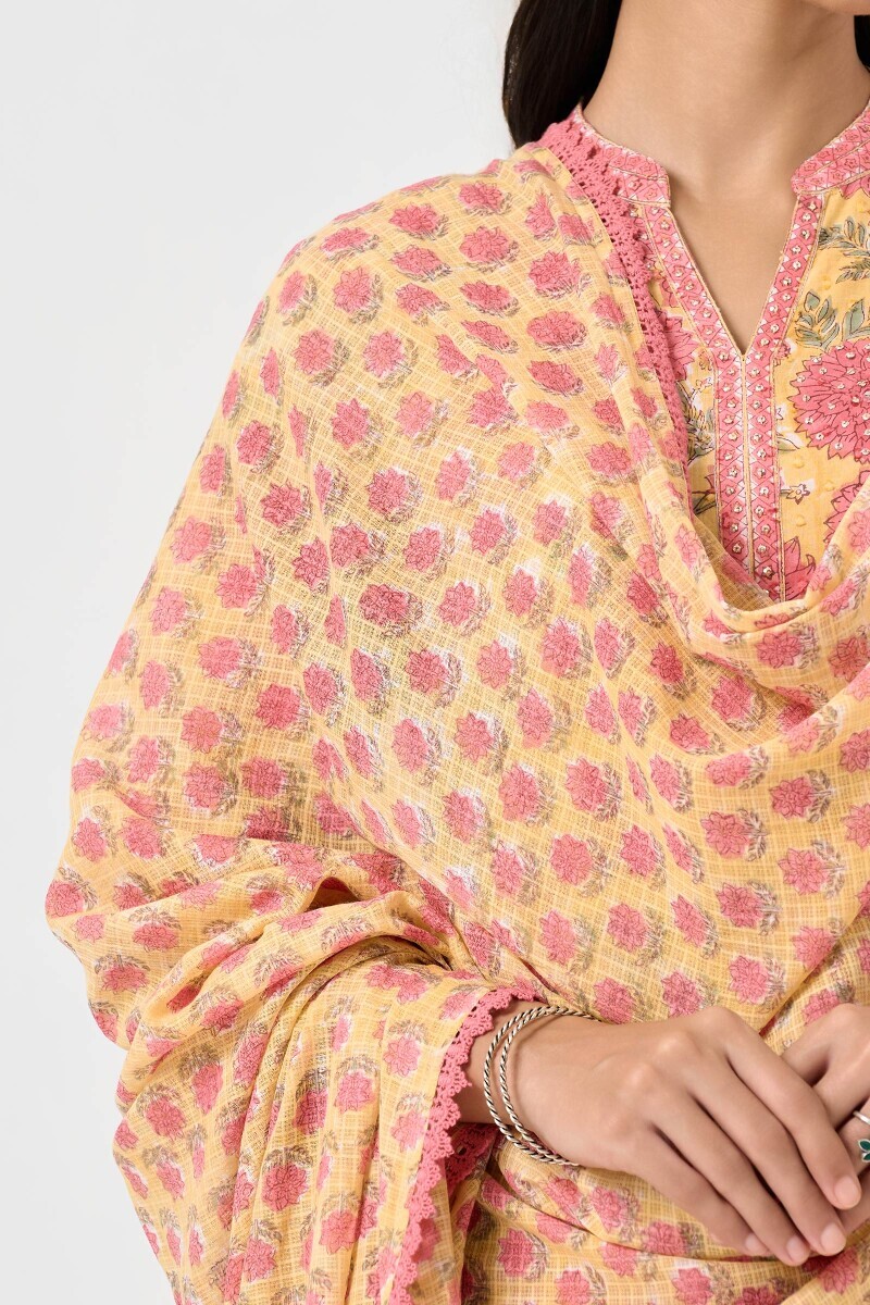 Yellow Hand Block Printed Kota Dupatta