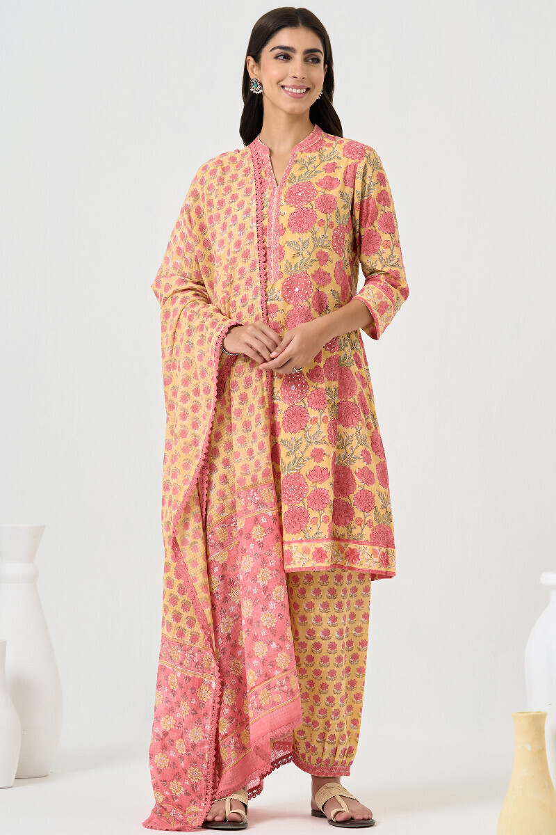 Yellow Hand Block Printed Kota Dupatta