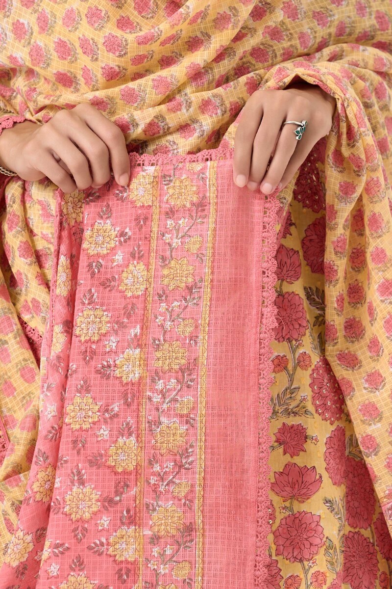 Yellow Hand Block Printed Kota Dupatta