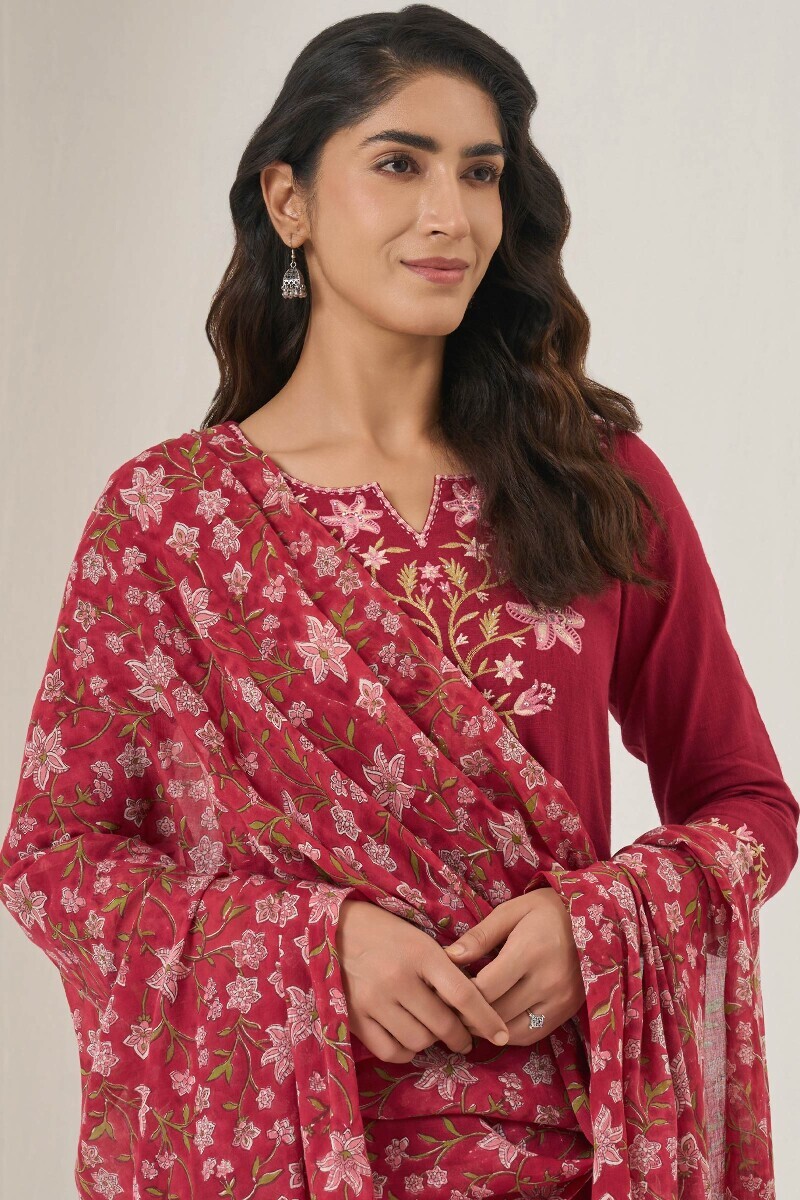 Maroon Hand Block Printed Cotton Mul Dupatta