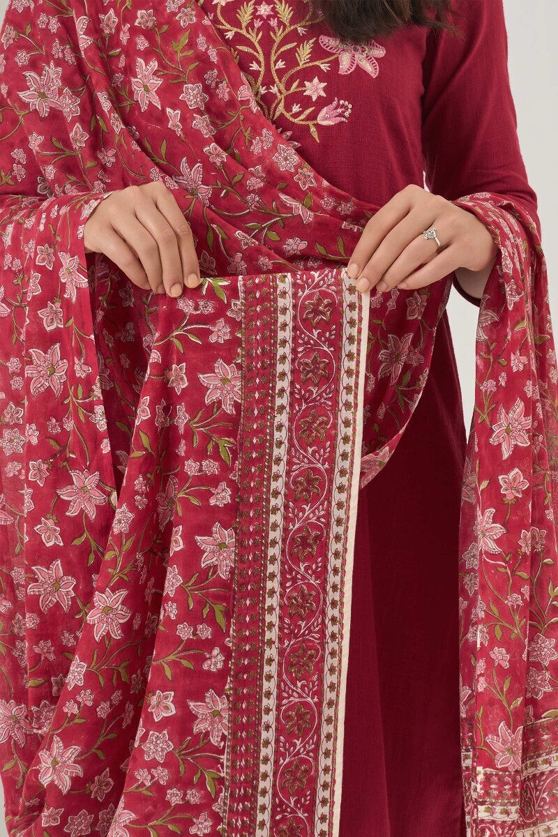 Maroon Hand Block Printed Cotton Mul Dupatta