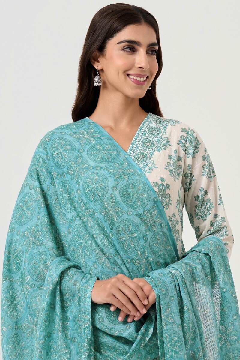 Teal Hand Block Printed Kota Dupatta