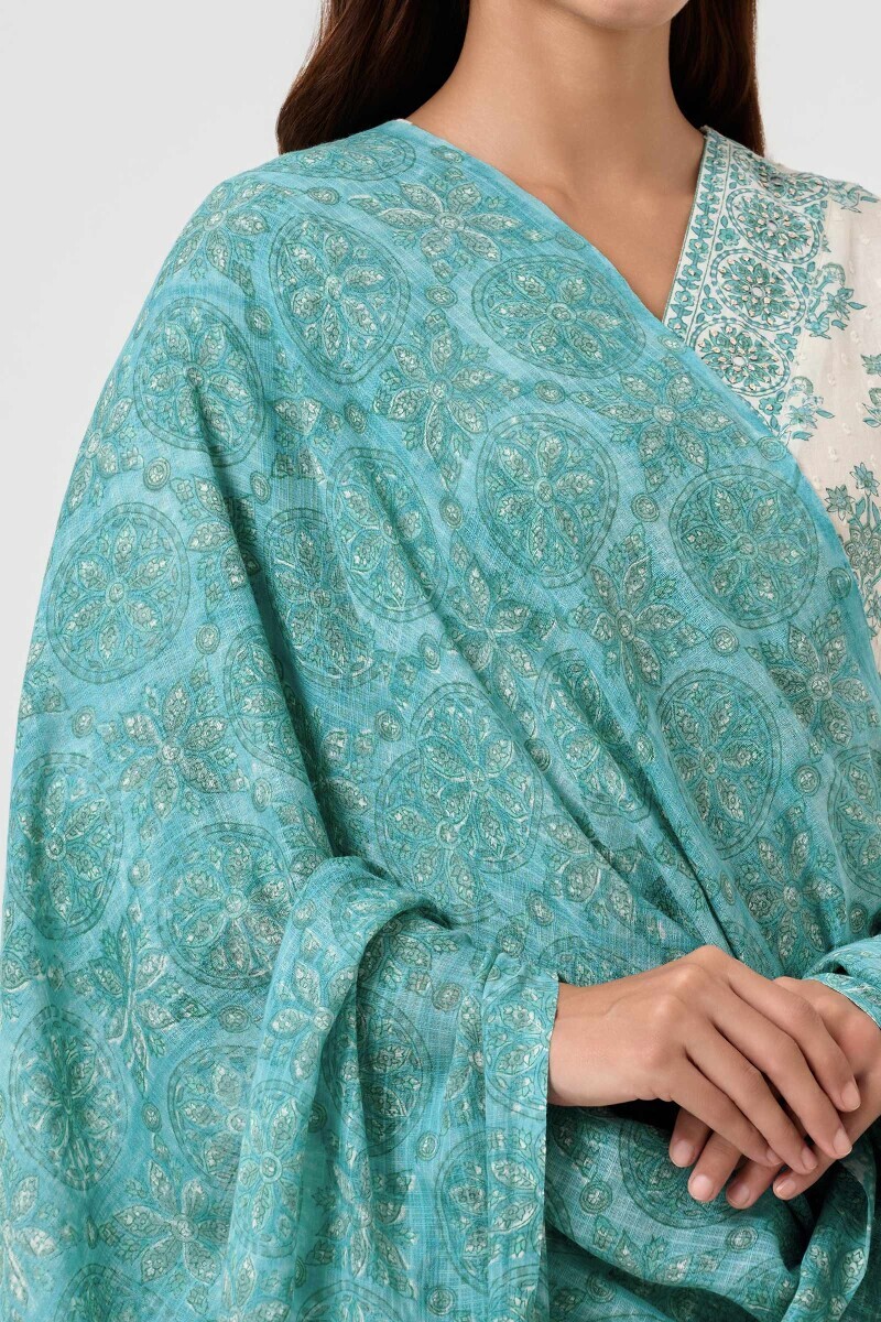 Teal Hand Block Printed Kota Dupatta
