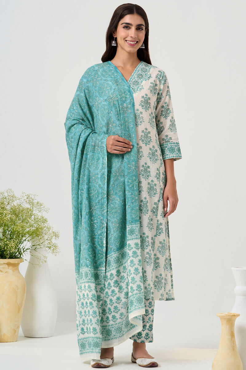 Teal Hand Block Printed Kota Dupatta