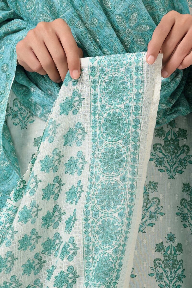 Teal Hand Block Printed Kota Dupatta