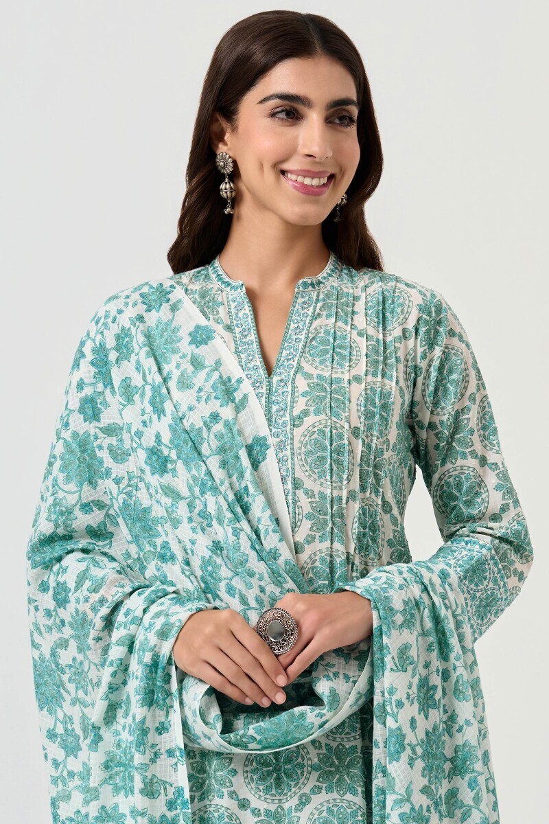 White Hand Block Printed Kota Dupatta