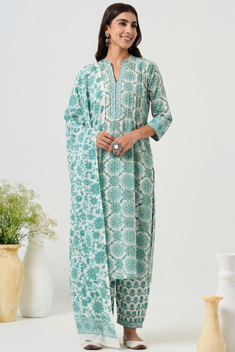 White Hand Block Printed Kota Dupatta