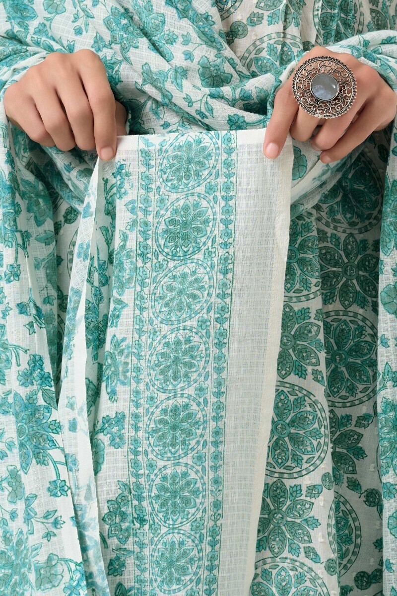 White Hand Block Printed Kota Dupatta