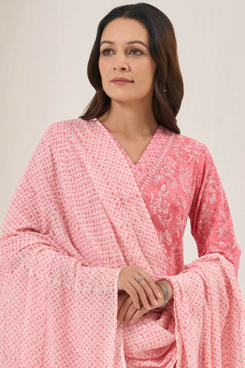 Pink Hand Block Printed Kota Dupatta