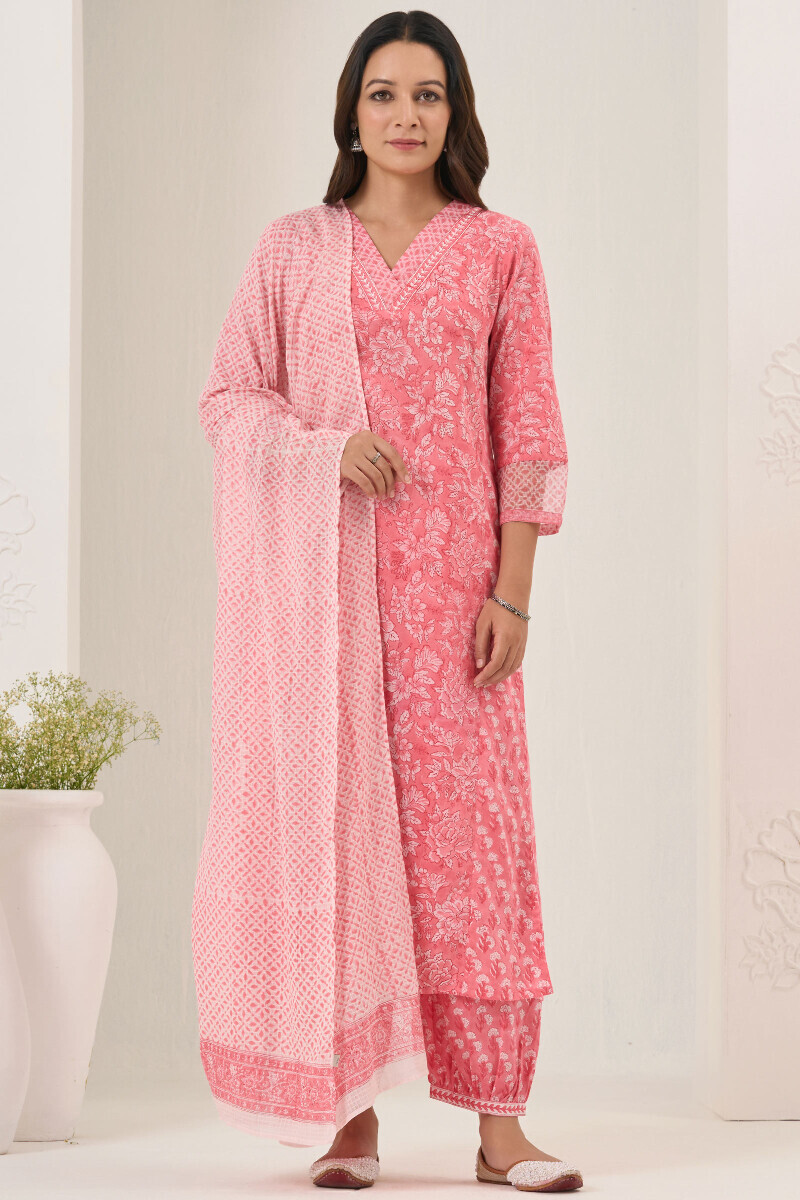 Pink Hand Block Printed Kota Dupatta