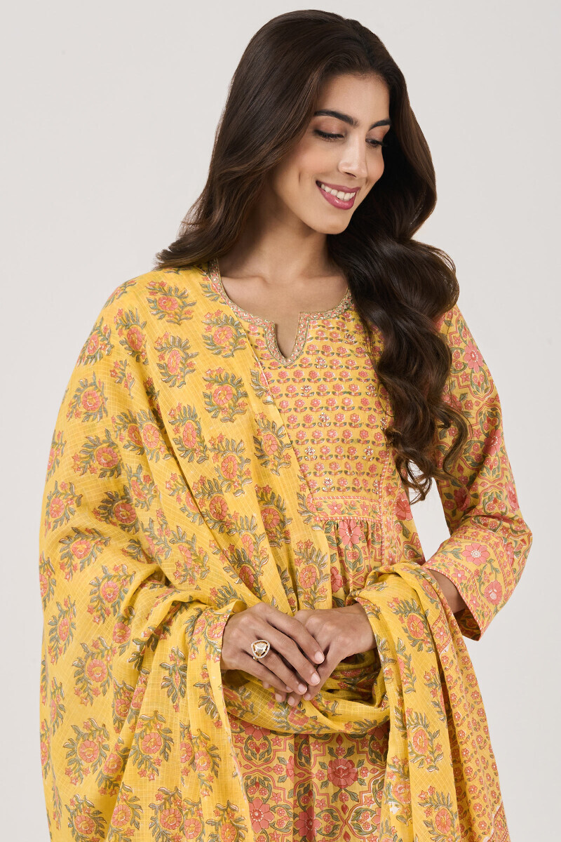 Yellow Hand Block Printed Kota Dupatta