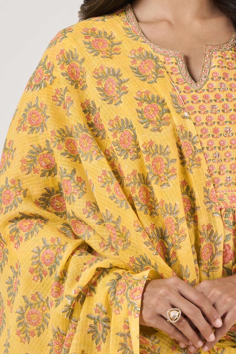 Yellow Hand Block Printed Kota Dupatta