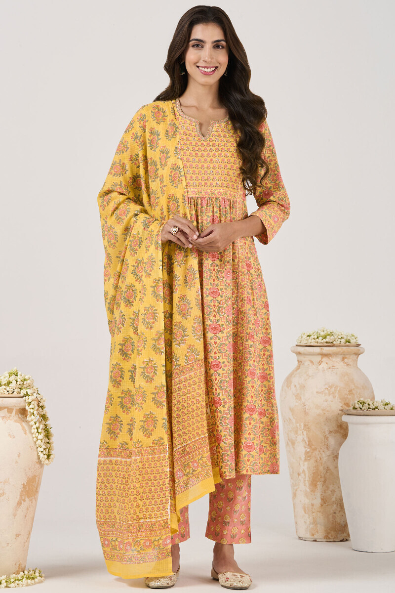 Yellow Hand Block Printed Kota Dupatta