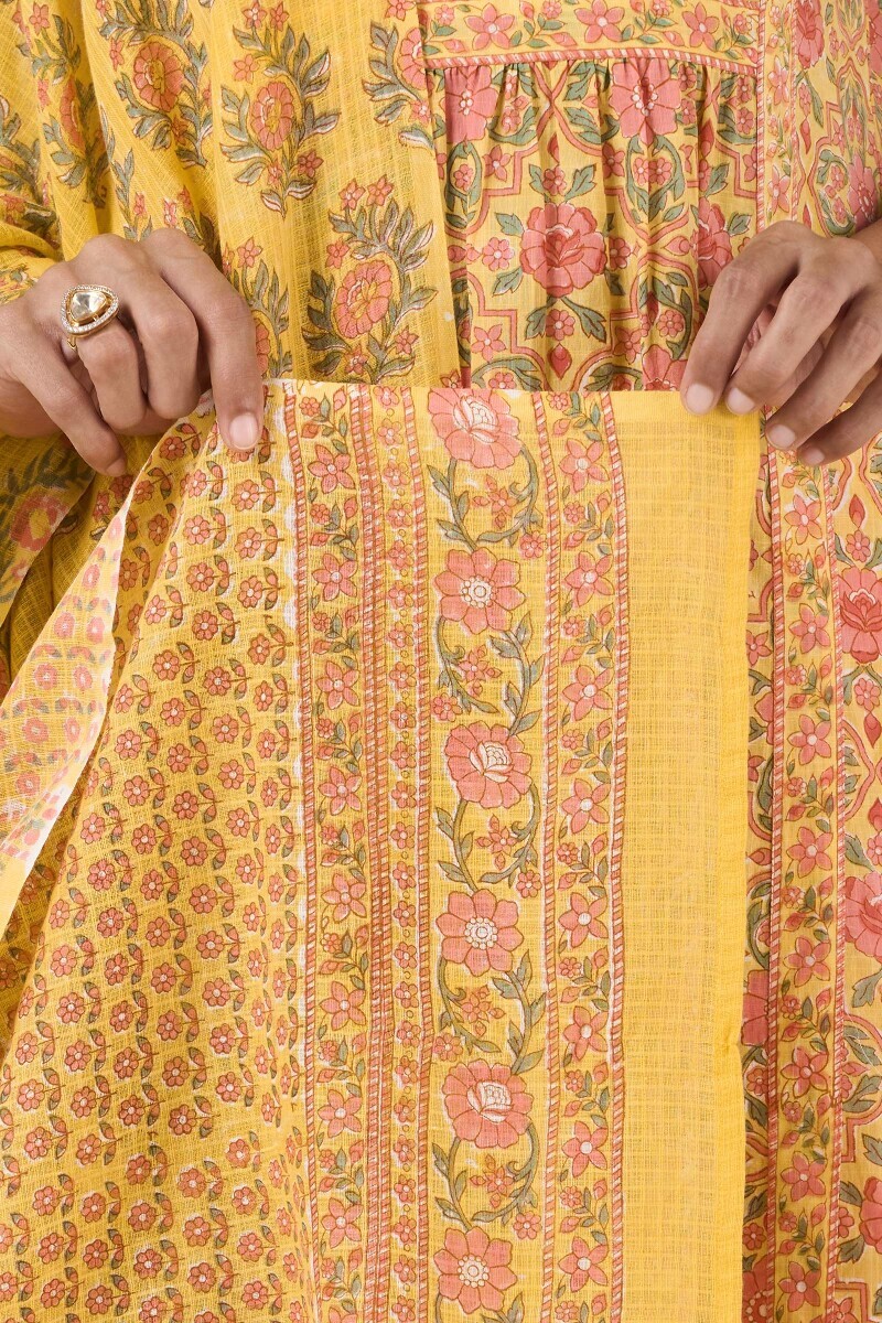 Yellow Hand Block Printed Kota Dupatta