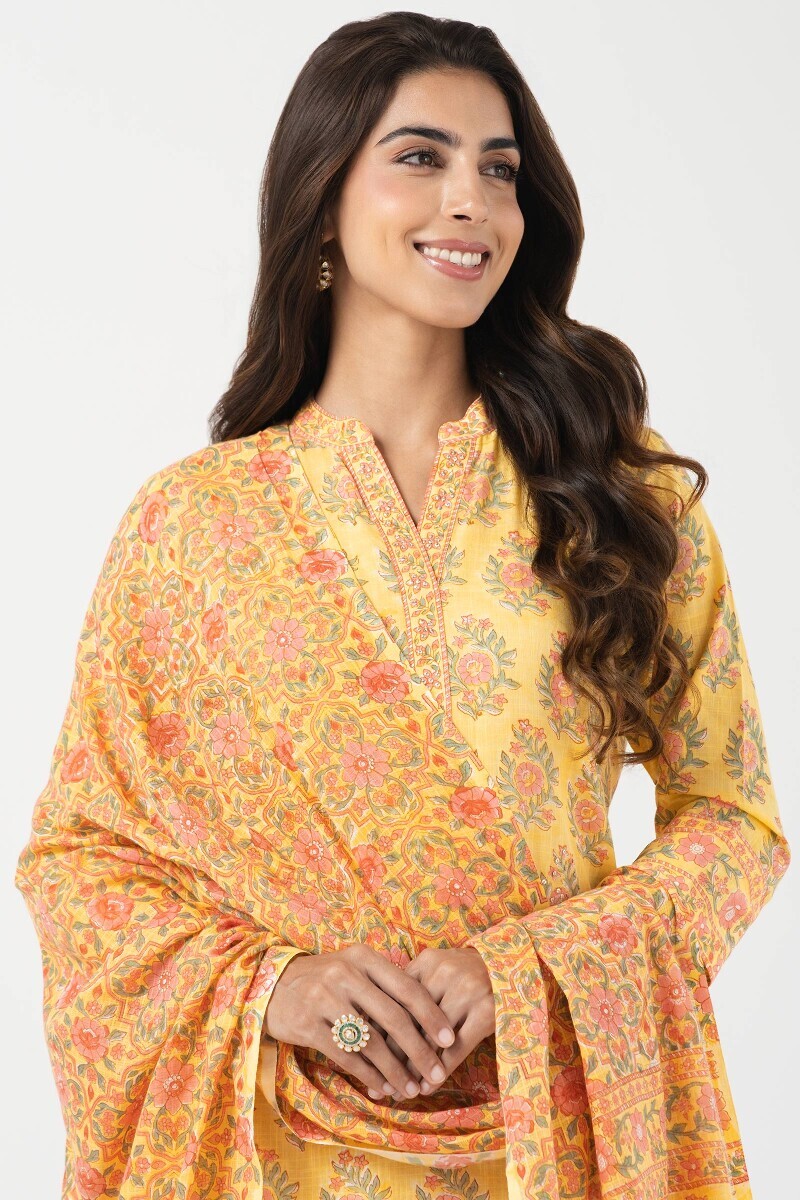 Yellow Hand Block Printed Kota Dupatta