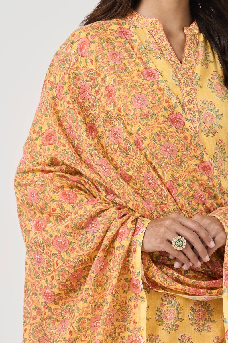 Yellow Hand Block Printed Kota Dupatta