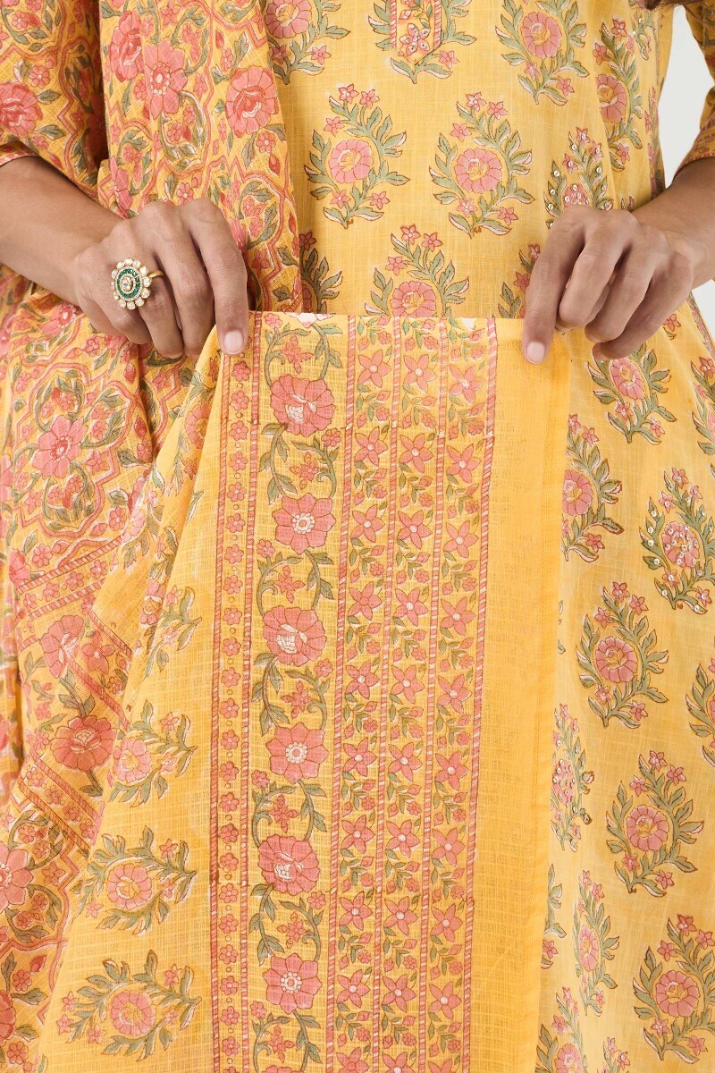 Yellow Hand Block Printed Kota Dupatta