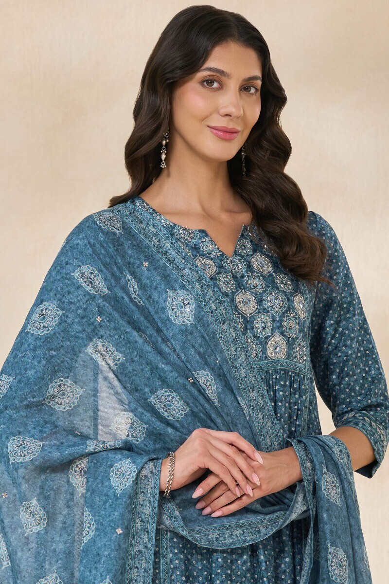 Blue Printed Tabby Check Dupatta