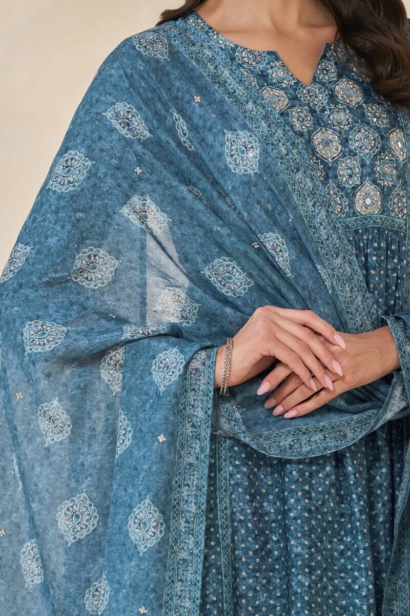 Blue Printed Tabby Check Dupatta